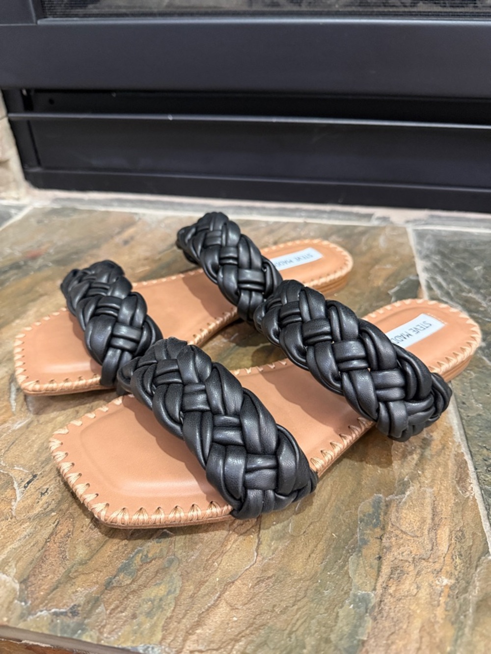 Steve Madden Black Braided Double-Strap Slide Sandals